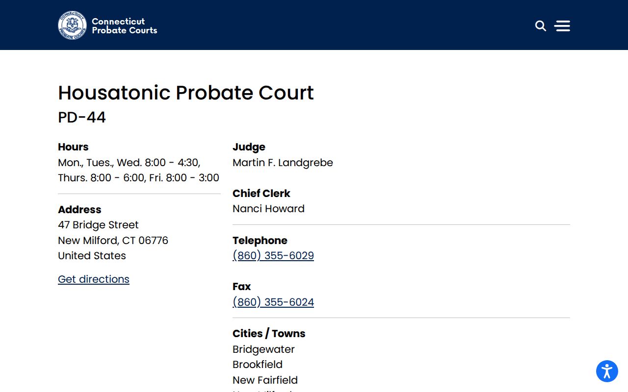New Milford residents directory Housatonic Probate Court