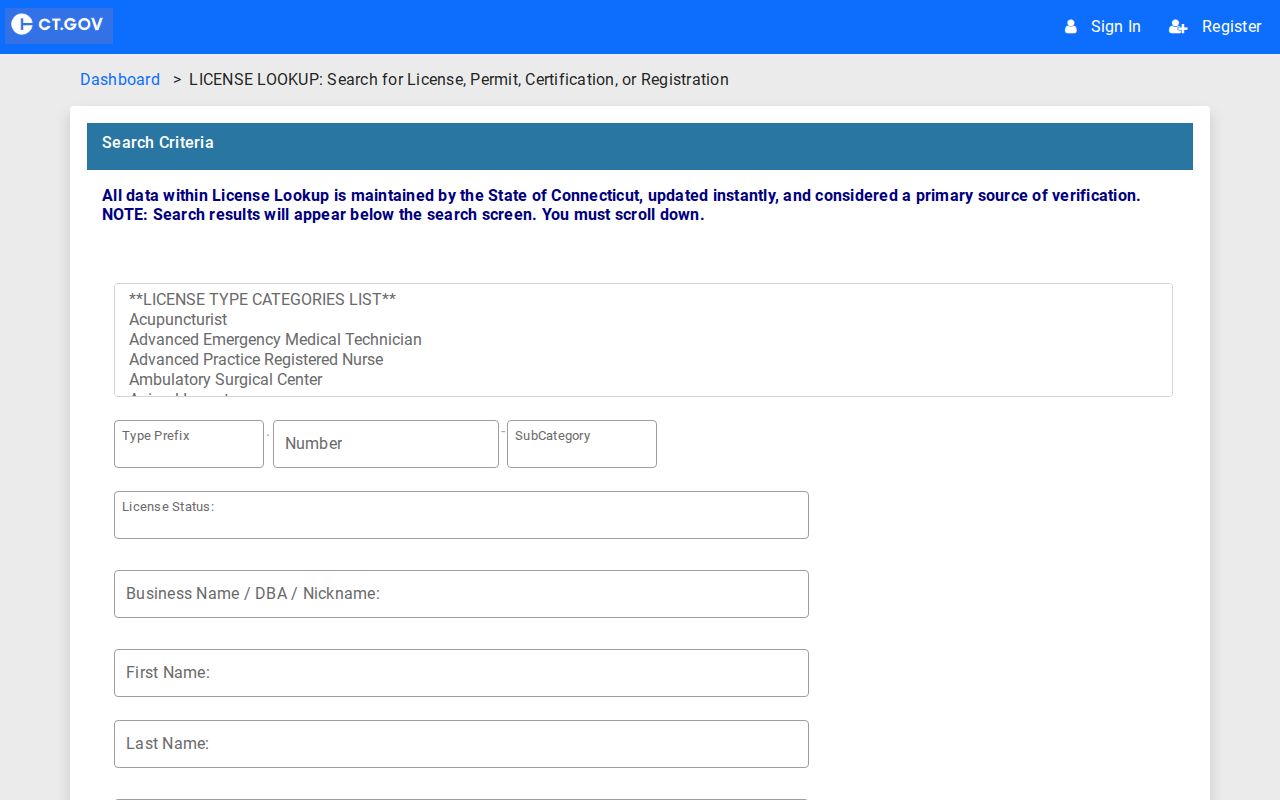 New Milford resident lookup Connecticut eLicense search